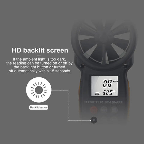 BT100APP Wireless Bluetooth Anemometer Handheld Wind Speed Meter With Temperature Wind Chill And Air Velocity Readings In Five Units Meters Per Second Kilometers Per Hour Feet Per Minute Knots Miles Per Hour And Battery Power Display For On The Go, backlit screen