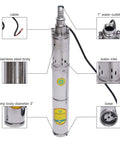 Submersible Deep Well Solar Water Pump 24V 370W Stainless Steel No Fuss Irrigation Built Tough High Lift 213 Feet 8.8 GPM Flow Brushless DC Motor Solar Water Circulation System showing detailed components like water outlet and inlet