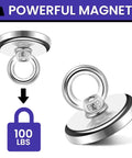 Front view of neodymium fishing magnet with stainless steel ring and eyebolt; 100 lb pull.