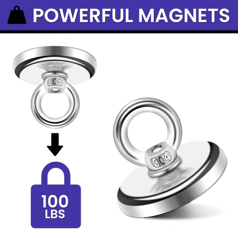 Front view of neodymium fishing magnet with stainless steel ring and eyebolt; 100 lb pull.