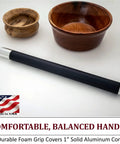 Heavy Duty Aluminum Woodturning Handle With Badass Foam Grip Fits Full Size Half Inch Tang Carbide Turning Tools on display with wooden bowls.