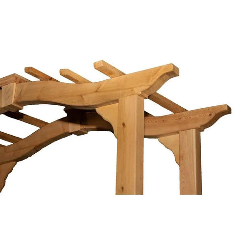 Cedar Garden Arbor With Lattice For Climbing Plants, Golden Brown Natural Wood Finish, top detail showcasing sturdy construction