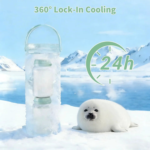 Portable Stainless Steel Breast Milk Cooler With 360 Degree Chill Holds Two Bottles For 24 Hours Mama Approved in icy landscape.