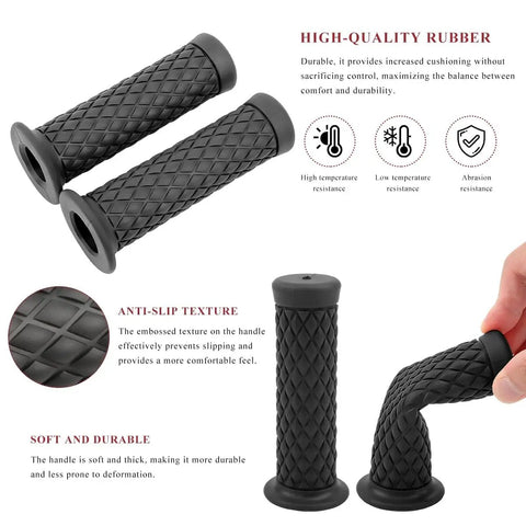 Close-up of 2 Pack Non Slip Motorcycle Hand Grips Open End Seven Eighths Inch Twenty One Millimeters Twenty Four Millimeters Fits Dirt Bike Scooter Motocross Vintage Soft Rubber Thruster Grips With Durable Soft Rubber For All Weather Riding.