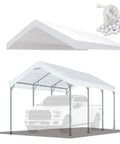 Ten By Twenty Foot Upgraded Carport Canopy Cover Replacement Top Only White Waterproof Heavy Duty PE Fabric For Garage Shelter Party Tent With Ball Bungees shown with assembly.