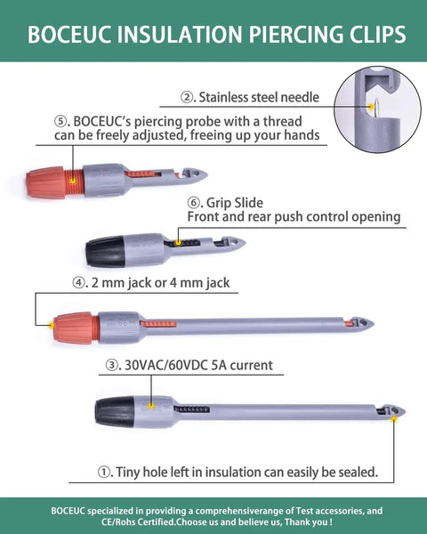 Heavy Duty Wire Piercing Probe Clip Set For Multimeters, 4mm Push On Banana Plug Leads, visible insulation piercing clips.