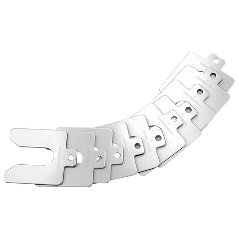 80 Piece Slotted Shim Set 2x2 Inch Stainless Steel With Eight Thicknesses for precise leveling and alignment, displayed stacked.