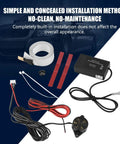 Universal car parking sensor kit with black control unit, wiring harness, buzzer, mounting tape, red/black power cables.