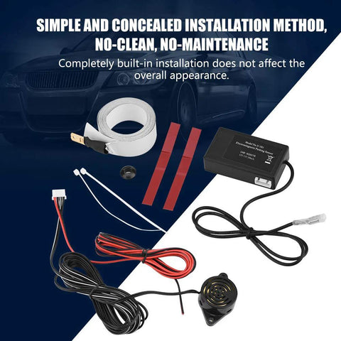 Universal car parking sensor kit with black control unit, wiring harness, buzzer, mounting tape, red/black power cables.