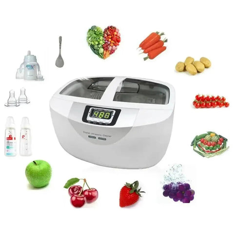 Slick 2.5L Digital Ultrasonic Cleaner With 40Khz Power And Digital Timer surrounded by fruits and vegetables, showcasing its cleaning versatility.