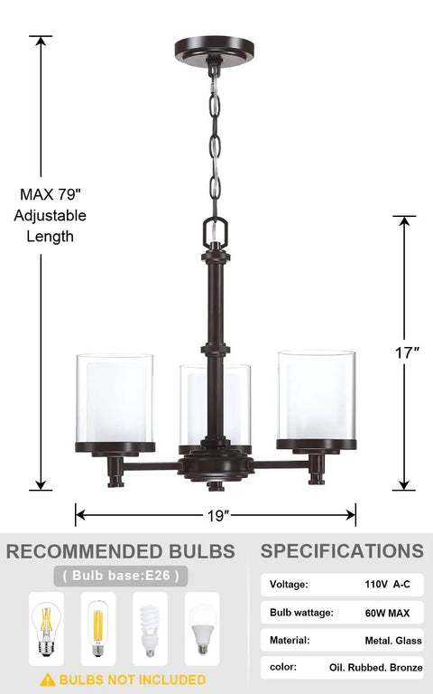 Three Light Ceiling Chandelier With Opal Clear Glass Shade For Dining Room Living Room Hallway And Kitchen Island In Oil Rubbed Bronze Finish shown