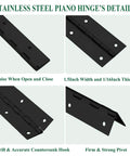 Two-pack black stainless steel piano hinge, 2 in open width x 20 in long, 0.06 in thick with holes for cabinet doors