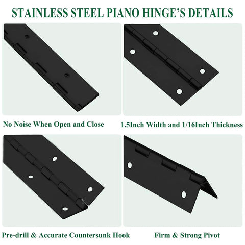 Two-pack black stainless steel piano hinge, 2 in open width x 20 in long, 0.06 in thick with holes for cabinet doors