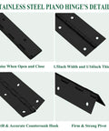 Details of Badass Heavy Duty 16 Inch Piano Hinges 4 Pack Black Stainless Steel; features include 1.5 inch width and noise-free motion.