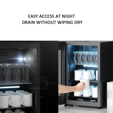Massive Cup Warmer Cabinet With Smart Touch Panel, PTC Heating Keeps Your Brews Nice And Toasty For Pantries, Break Rooms, And Office Lounges showing easy access to mugs and glasses.