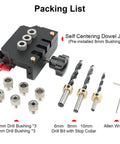 Self Centering Dowel Jig Kit For Woodworking Edge Corner And Surface Joints 6mm 8mm 10mm Dowel Pins shown with accessories