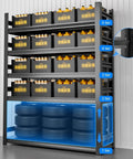 Top Shelf Six Tier Garage Shelving Rack With Heavy Duty As Heck Steel Racking For Workshops And Basements Built Like A Tank Supporting Up To One Thousand Nine Hundred Eighty Pounds showing six tiers with bins and tires.