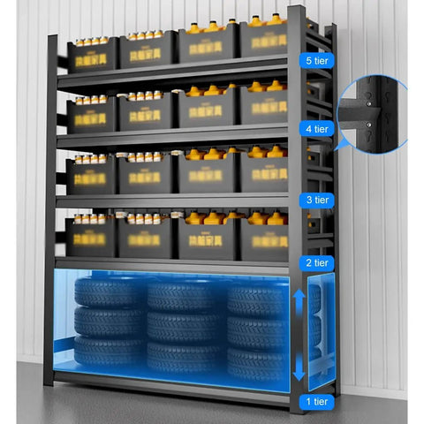 Top Shelf Six Tier Garage Shelving Rack With Heavy Duty As Heck Steel Racking For Workshops And Basements Built Like A Tank Supporting Up To One Thousand Nine Hundred Eighty Pounds showing six tiers with bins and tires.