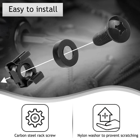 Top Notch Black M6 X 16mm Rack Mount Cage Screws And Nuts Pack For Server Cabinets Features Solid Steel Hardware showcases an M6 rack screw and nylon washer.