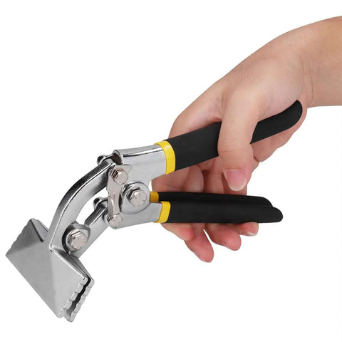 Flanging Pliers Flat Nose Crimping Forceps Hand Seamer with Curved Handle in use, designed for bending and seaming sheet metal in tight spaces