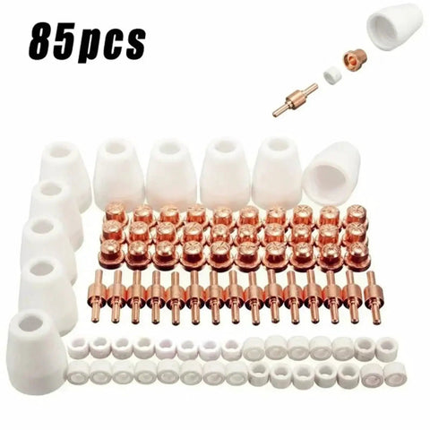 65 Piece Plasma Cutter Consumables Kit Tips Electrodes And Nozzles For PT 31 Cut 40 And Cut 50D, 85 piece set of ceramic nozzles and copper tips.