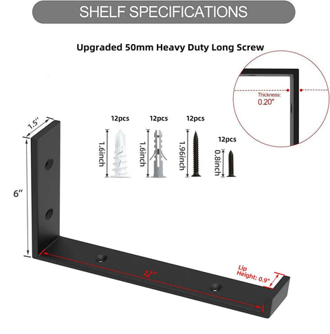 12 Inch Heavy Duty Floating Shelf Brackets Set of 6 with screws, industrial black iron, wall mounted, shelf specifications shown.