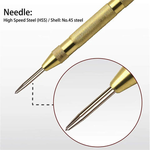 4 Pack Automatic Center Punch One Handed Spring Loaded Drill Punch Tool 5.1 Inch Brass Center Punch, showing tip detail
