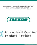 Authorized distributor banner for Flexco products with guarantee and training details in green background.