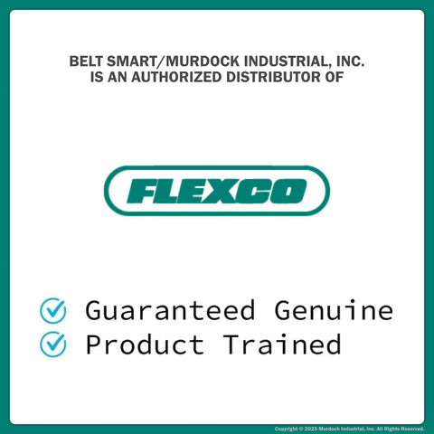 Authorized distributor banner for Flexco products with guarantee and training details in green background.