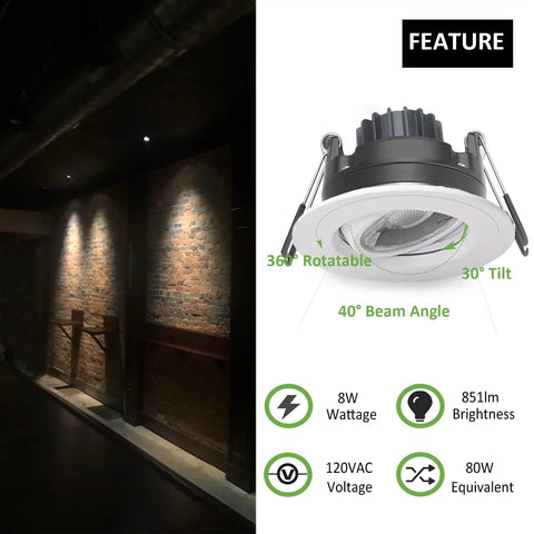 Canless Recessed Gimbal Downlight 3 Inch Eyeball Spotlight With 5 CCTs, Dimmable 8W, 360 Degree Rotatable and 30 Degree Tilt, Includes Junction Box, White Round Trim, Easy Install Ceiling Lights Kit, 6 Pack