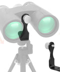 Binocular Tripod Mount With Quick Release Universal L Type Aluminum Mount in use on tripod with binoculars attached.