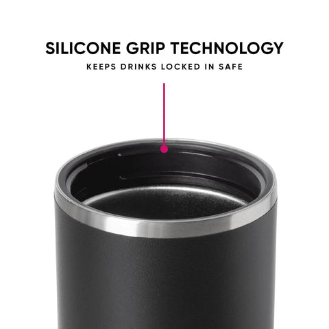 Close-up of silicone grip technology in a vacuum insulated sleeve for holding slim cans, enhancing drink stability.