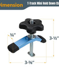 Dimension view of mini clamp from Four Pack T-Track Hold Down Clamp Set With Mini And Standard Clamps Includes Bolts Washers And Five-Star Knobs Perfect For T-Slot Tables Router Tables Saws And Jigs Durable Heavy Duty Easy To Mount.