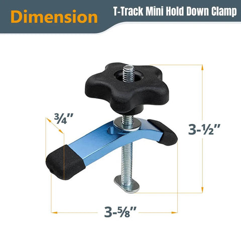 Dimension view of mini clamp from Four Pack T-Track Hold Down Clamp Set With Mini And Standard Clamps Includes Bolts Washers And Five-Star Knobs Perfect For T-Slot Tables Router Tables Saws And Jigs Durable Heavy Duty Easy To Mount.