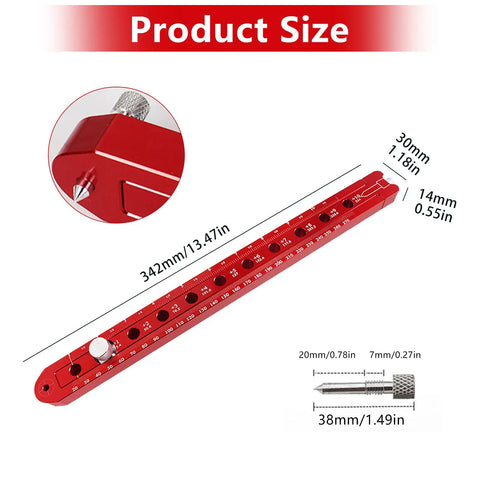 Aluminum Alloy Circular Drawing Tool With Adjustable Radius Scriber For Woodworking, 342mm, showing product dimensions in red.