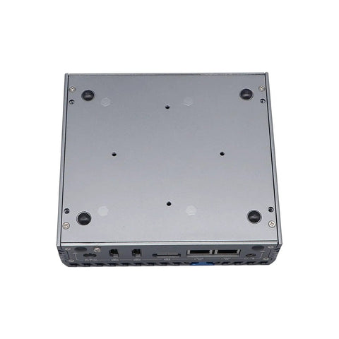 Built Like A Tank Fanless Industrial PC Featuring Intel Celeron J3710 Or J3160 showing the top view with metal casing and mounting holes.