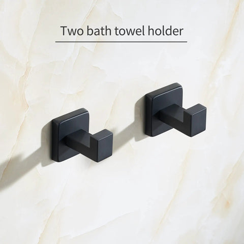 Hefty Matte Black Wall Mount Coat Hook Set Stainless Steel Solid Grip Rack With Peel Stick Glue For Bathroom Kitchen Stuff Home Storage Easy Peasy Install Compact Space Saver, showing two hooks on a wall.