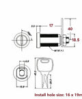 Technical drawing of Brass Cam Lock For Equipment And DIY Furniture Hardware JA29 B 1Pcs Dope Keyed Door Latch dimensions.