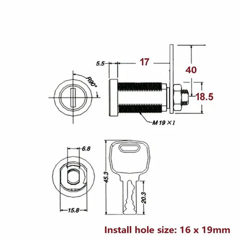 Technical drawing of Brass Cam Lock For Equipment And DIY Furniture Hardware JA29 B 1Pcs Dope Keyed Door Latch dimensions.