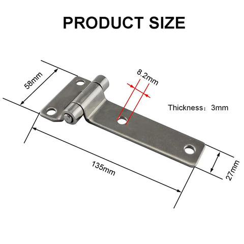 Set Of 2 Heavy Duty Stainless Steel 135mm T Hinge Set, Marine Grade 304 Boat Hardware, showing dimensions and brushed finish