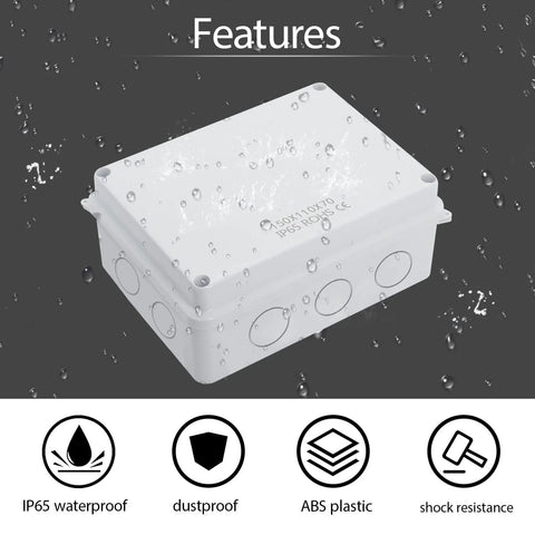 LeMotech junction box, white ABS plastic electrical enclosure, IP65 waterproof, 5.9 x 4.3 x 2.8 in.