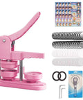 58mm DIY Button Maker Kit With 100 Button Parts And Circle Cutter Pink 2.25 Inch Badge Press Machine Easy Install Includes 110 Designs And 100 Pics For Quick Custom Pins, showing pink press, button parts, circle cutter, and designs.