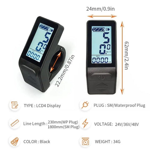 Compact KT LCD4 Display For Electric Bikes Waterproof Plug dimensions and features illustration