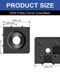 Dimensions of 3030 3-Way Corner Cube Black for Aluminum Extrusion, shown with precise measurements for T Slot and V Slot hardware assembly.