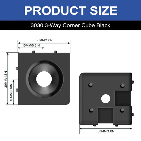 Dimensions of 3030 3-Way Corner Cube Black for Aluminum Extrusion, shown with precise measurements for T Slot and V Slot hardware assembly.