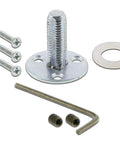 Classic Rosette With Egg And Dart Round Door Knob installation hardware components shown, showcasing screws, bolts, washer, and hex key