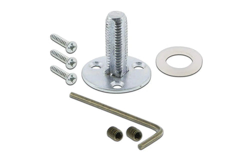 Classic Rosette With Egg And Dart Round Door Knob installation hardware components shown, showcasing screws, bolts, washer, and hex key