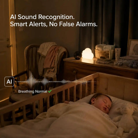 Baby sleeping in crib monitored by 2K 5G Indoor Security Camera With Crying Detection AI Baby Monitor No Monthly Fees