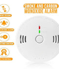 2 In 1 Battery Operated Smoke And Carbon Monoxide Alarm For Home Basements Travel Office Bedroom Living Room And Car With UL 217 And 2034 Compliance, showing compact design and test button.