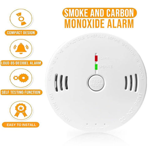 2 In 1 Battery Operated Smoke And Carbon Monoxide Alarm For Home Basements Travel Office Bedroom Living Room And Car With UL 217 And 2034 Compliance, showing compact design and test button.